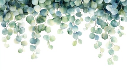 A watercolor illustration of green and blue leaves cascading down against a white background.