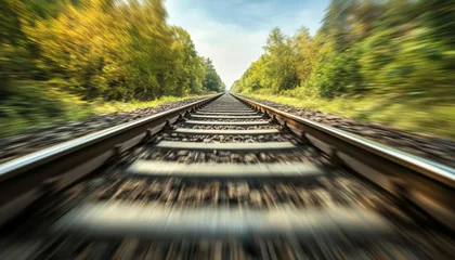 Dynamic view of speeding along railroad tracks with a blurred background in realistic photography