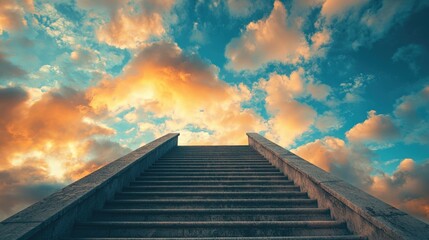 Fototapeta premium Stairway to heaven with a beautiful clouds background, symbolizing aspirations and journeys. Use for inspirational content, religious themes, and motivational projects.