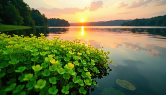 Chara virgata stonewort alga in freshwater lake at sunrise, freshwater plants, aquatic ecosystems