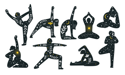 Set with 9 Female silhouettes in different asanas, blooming with flowers, stars and celestials, representing mindfulness, wellness and self love. Hand drawn isolated vector illustrations