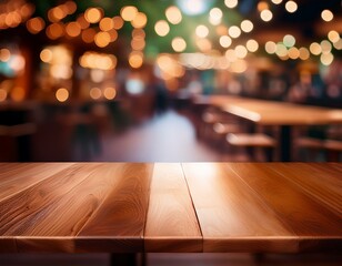 pattern dot pixelation image of a vacant wooden table and a blurred coffee shop background with bokeh with copy space image place for adding text or design