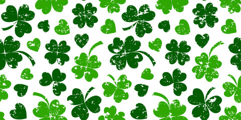 Shamrock grunge seamless pattern, clover leaves background Saint Patrick Day. Green floral chalk print. Irish charcoal texture. Lucky nature pastel plant wallpaper. Abstract vector illustration