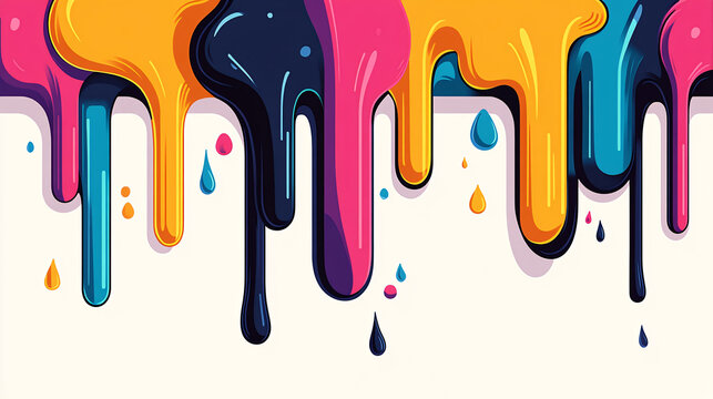 Dripping paint in vibrant colors, including pink, yellow, blue, and black, creates dynamic and artistic background. colorful drips evoke sense of creativity and playfulness