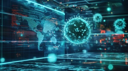 Fototapeta premium A futuristic AI-generated simulation of a measles outbreak, holographic world map, advanced technology