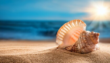 seashell on the sand with copy space image place for adding text or design