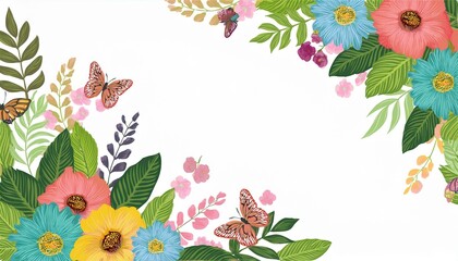 beautiful floral background corner frame green leaves colorful flowers caterpillar and butterflies spring summer corner for social network invitation wedding birthday  illustration