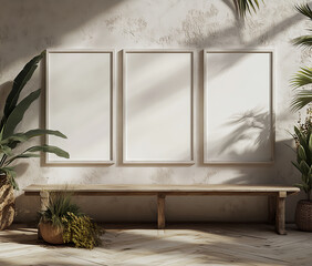 Minimalist Interior Design Mockup with Three Blank Frames and Wooden Bench