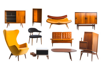 Set of trendy sofas, armchairs, with cushions in retro mid-century style. Modern soft furniture collection
