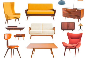 Set of trendy sofas, armchairs, with cushions in retro mid-century style. Modern soft furniture collection