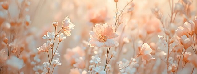 Close-up of delicate, pastel peach-pink and gold flowers, with warm light
