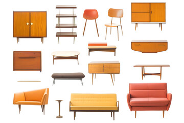 Set of trendy sofas, armchairs, with cushions in retro mid-century style. Modern soft furniture collection