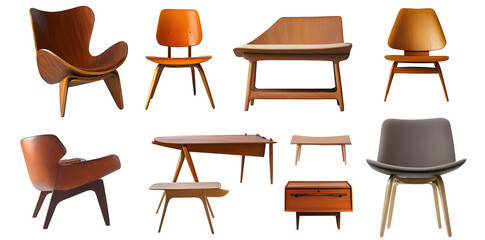 Set of trendy sofas, armchairs, with cushions in retro mid-century style. Modern soft furniture collection