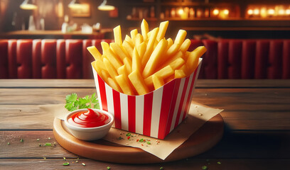 French fries in a classic red striped container with ketchup.