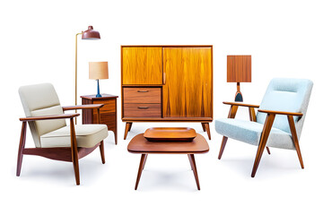 Fototapeta premium Set of trendy sofas, armchairs, with cushions in retro mid-century style. Modern soft furniture collection