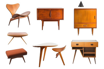 Set of trendy sofas, armchairs, with cushions in retro mid-century style. Modern soft furniture collection