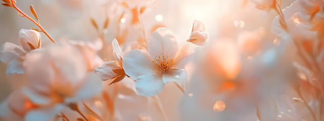 Close-up of delicate, pastel peach-pink and gold flowers, with warm light
