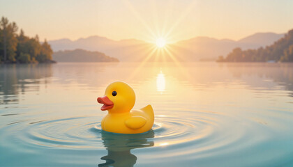 Playful yellow rubber duck swimming in calm lake at sunrise, symbolizing Children's Day joy