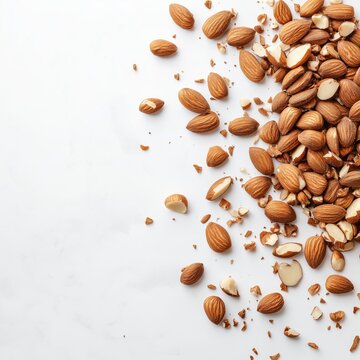 A pile of shelled almonds scattered across a white background, with some rolling to one side.