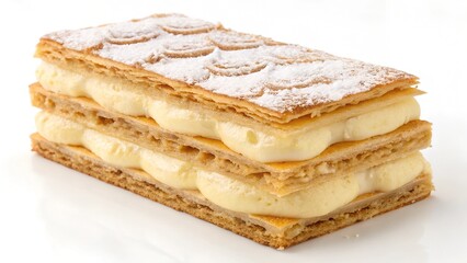 Layers of Delight: Exquisite close-up of a mille-feuille pastry, featuring crisp, golden layers of puff pastry, creamy custard filling, and a delicate dusting of powdered sugar