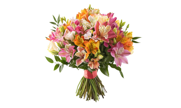 A vibrant bouquet featuring a variety of colorful flowers elegantly arranged with greenery and a decorative ribbon. isolated on white background and transparent background