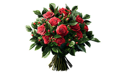 A vibrant bouquet of red roses with lush green leaves , perfect for conveying love and romance. isolated on white background and transparent background