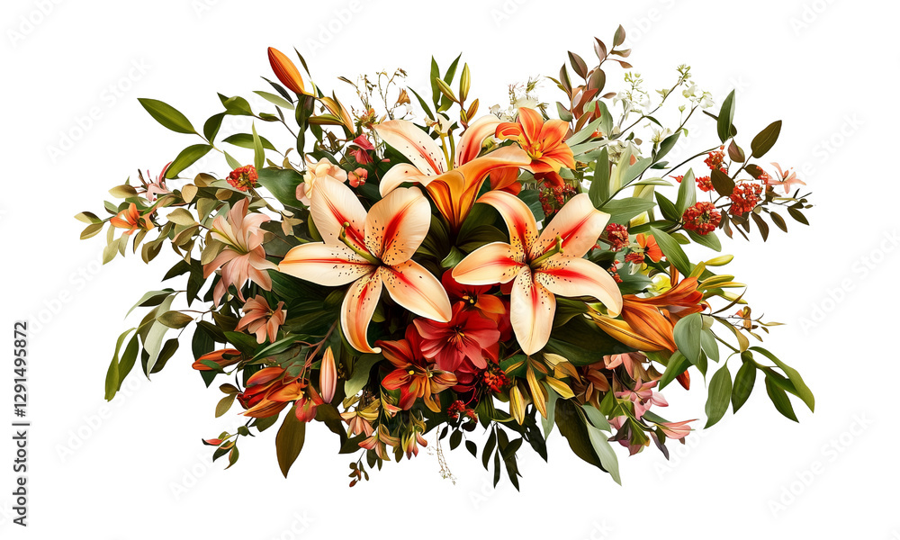 Poster a vibrant floral arrangement featuring lilies and various blooms creating a striking and elegant vis