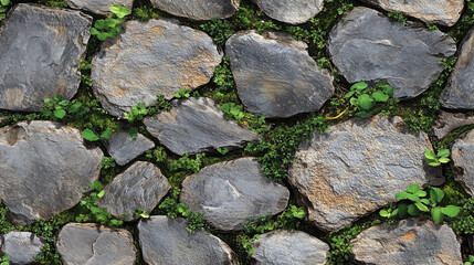 Old round flagstone with grass and weeds between stones 
