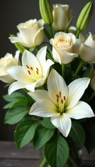 Elegant cream roses and lilies bouquet, lush and romantic , bouquet arrangement, nature