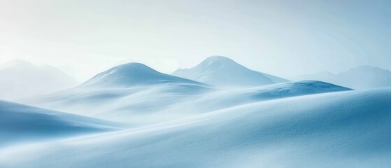 Snow-covered mountains bathed in soft morning light creating a serene winter landscape