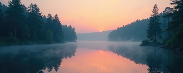 Misty forest surrounding a peaceful lake at dawn, forests, peaceful, calm