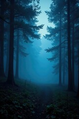 Misty forest valley scene with foggy trees in blue hour light, woods, nature