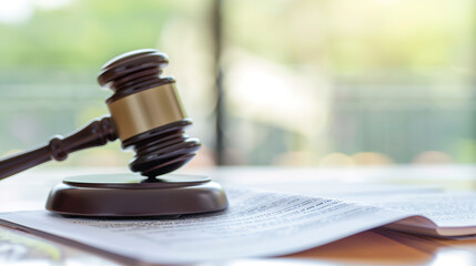 Fototapeta premium Close-up of a gavel resting on legal documents, symbolizing intellectual property disputes and legal proceedings in a courtroom setting.