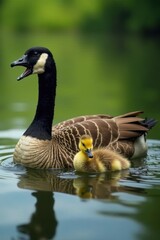 Fototapeta premium Canada geese family swims, goslings nestled close, ecosystem, wild animals