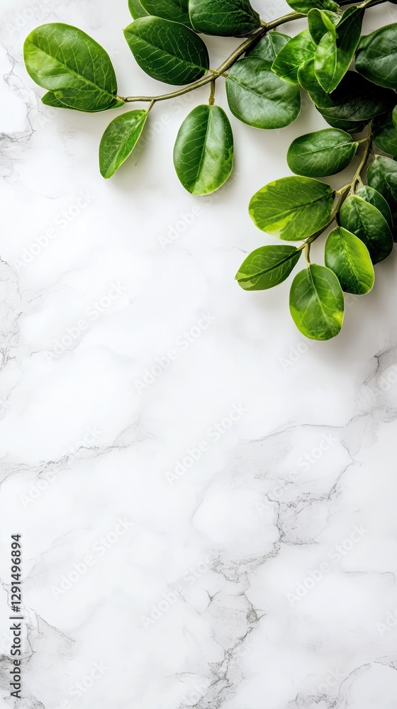 Poster empty white marble table with hexagonal tiles and green plant against a light background, perfect fo