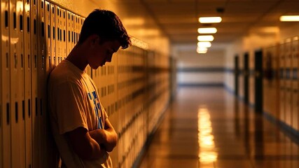 Teenager leaning against lockers in school hallway, feeling down - Powered by Adobe