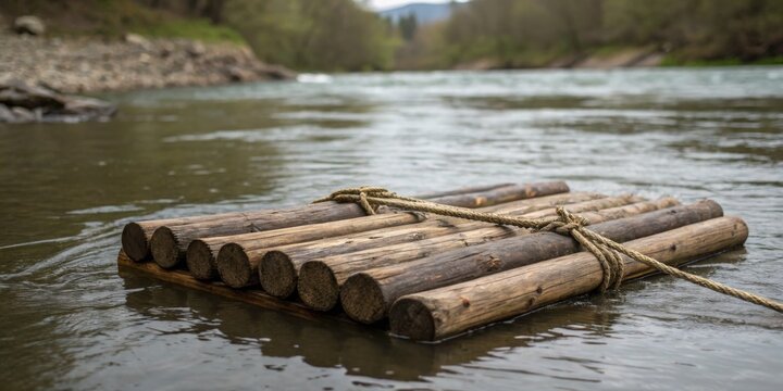 Wooden raft floats on a calm river surrounded by lush greenery during a tranquil afternoon