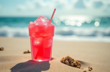 Obraz premium The sun, the sea. On the beach, a cooling drink with ice on the sand. The concept of recreation. vacations, vacations.