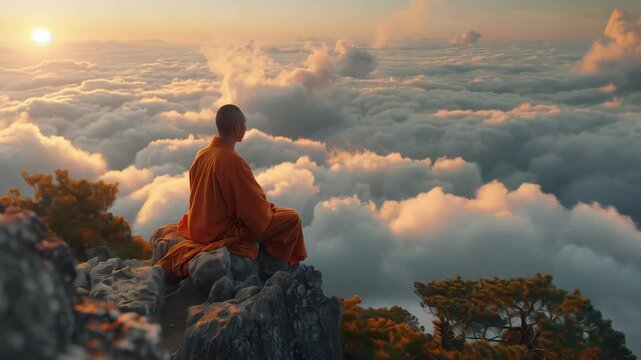 A Zen monk meditates serenely atop a mountain, transcending worldly concerns amidst the clouds