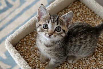 Adorable Playful Tabby Kitten Sitting in a Cozy Cat Bed