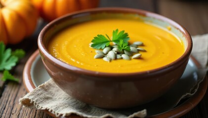 Rustic ceramic bowl filled with creamy pumpkin soup topped with fresh parsley and pumpkin seeds, fall, ceramic, seasonal