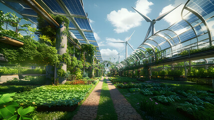 A futuristic eco-friendly landscape showcasing green technology innovations. A smart solar-powered greenhouse with automated irrigation, 
