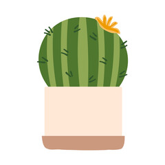 Round cactus with thorns. Succulent in a flower pot, a houseplant for home, office, greenhouse. Vector icon