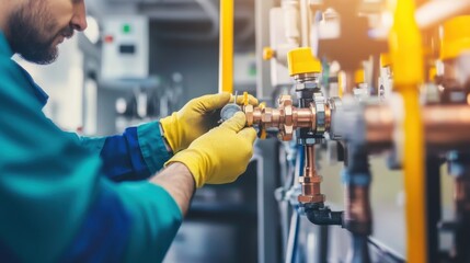 Industrial Plumber Performing Pipefitting and Valve Adjustments in Factory Workshop: Close-Up on Professional Maintenance with Safety Gear and Tools for Reliable Plumbing Work
