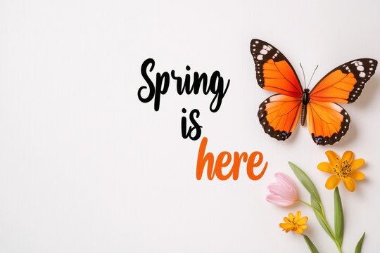 Spring is here background. A vibrant butterfly and colorful flowers accompany the cheerful announcement that spring has arrived.