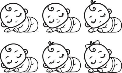 Cute sleeping baby vector illustration icons set. Newborn baby icon in flat outline and editable stroke line art.