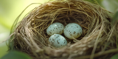 Obraz premium Robin eggs in nest, nature photography, bird nest in spring, woodland themes, springtime birds, Easter theme, avian wonder