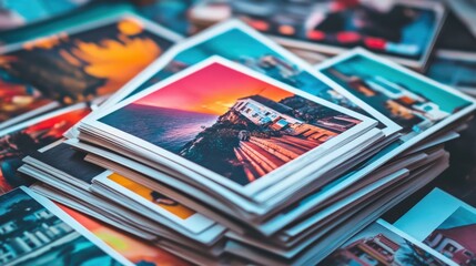A vibrant collection of stacked photographs showcasing coastal views at sunset, with varied scenes