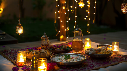 A traditional Ramadan Suhoor meal setup with a variety of dishes and herbal tea. 