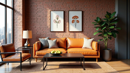 Modern Living Room with Orange Sofa, Framed Art, and Indoor Plants
